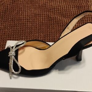Elegant Black Slingback Heels with Rhinestone Bow